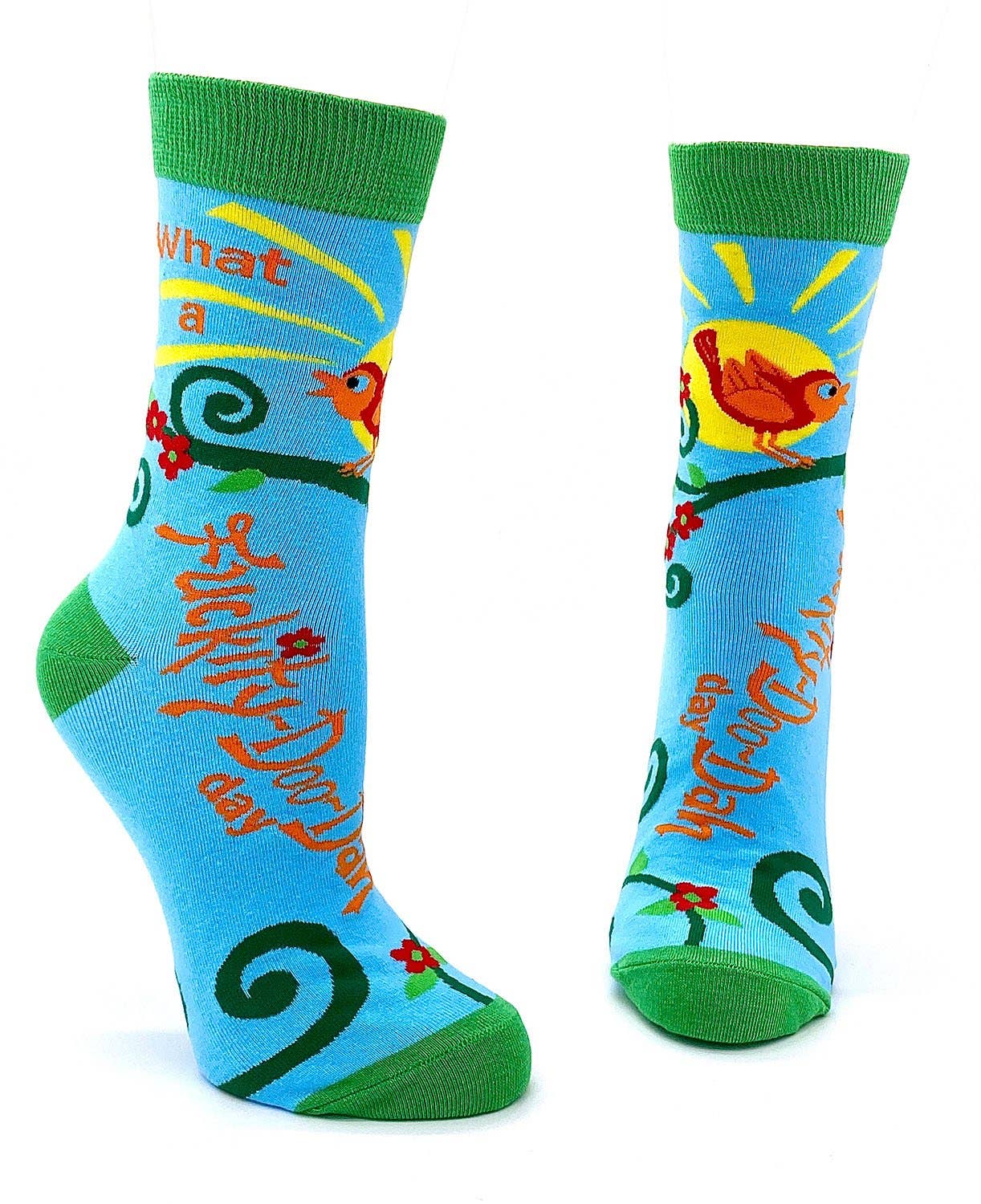 Colorful socks with cartoon characters and text on a white background