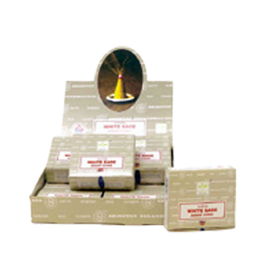 Display of white sage incense packages with a small circular inset showing a lit sage stick.