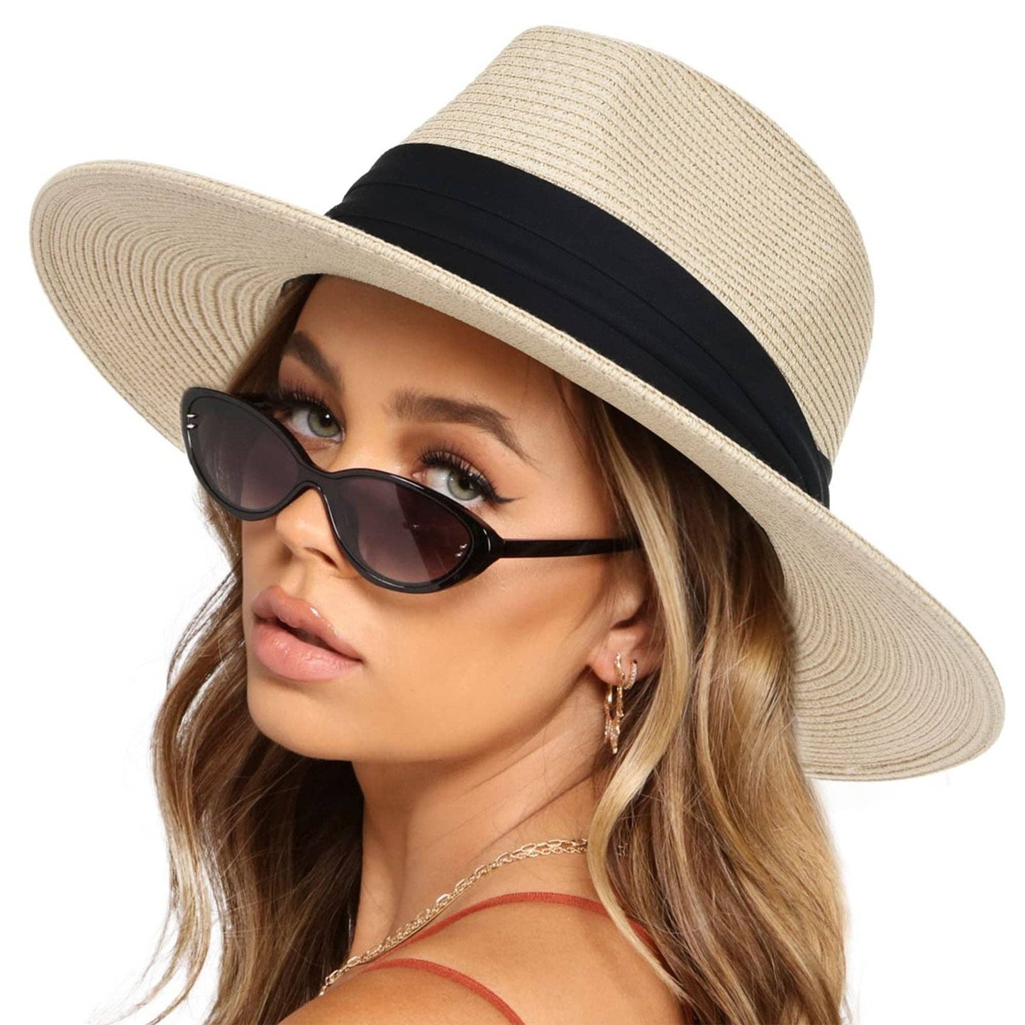 Wide Brim Straw Fedora Sun Hat Black Band Panama UV Hat