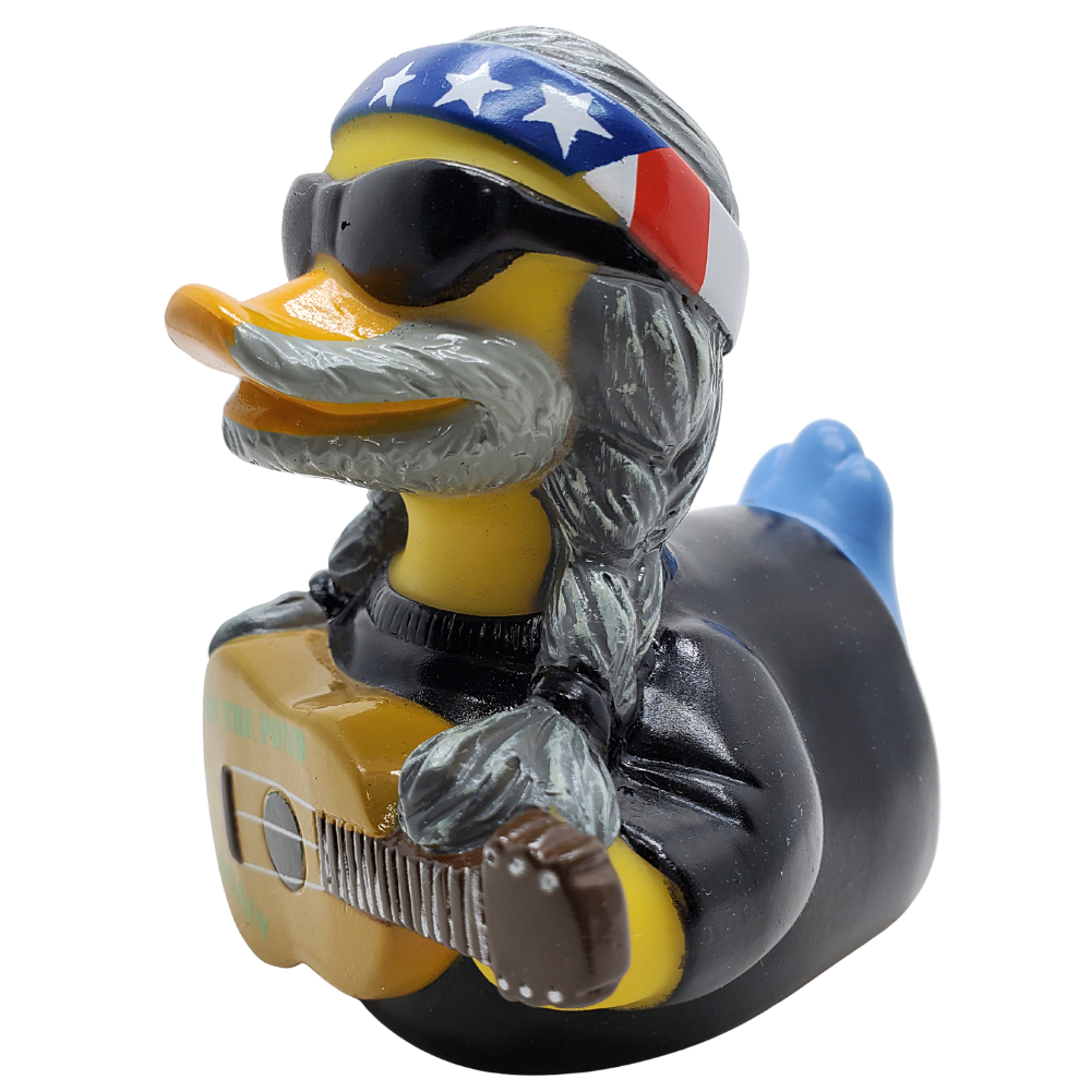Decorative duck figurine with a beard, sunglasses, and American flag hat on a white background