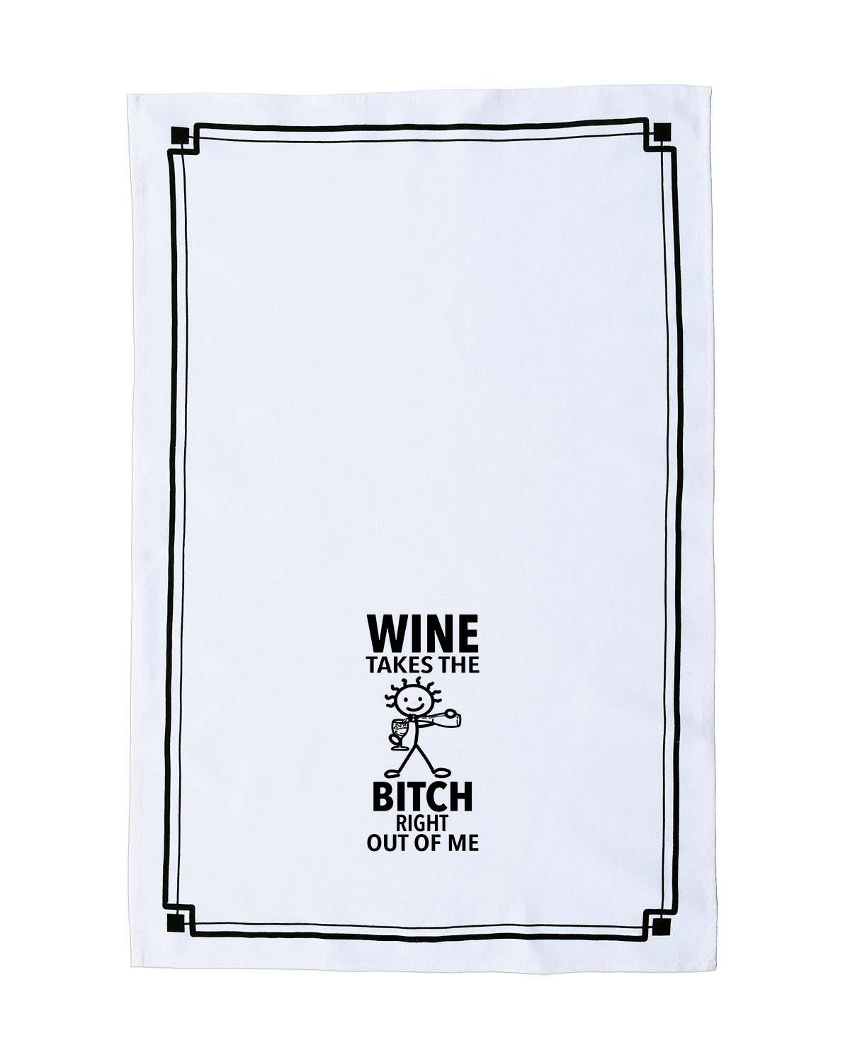 White towel with black text and graphic design on a white background