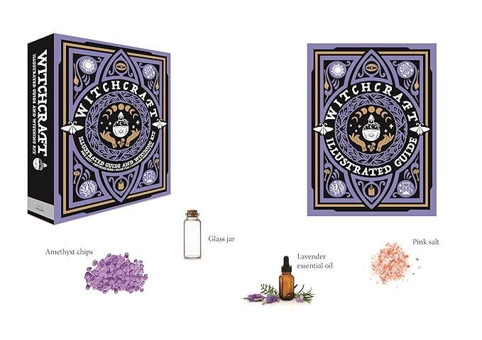Witchcraft themed product packaging with illustrated guide and ingredients on a white background