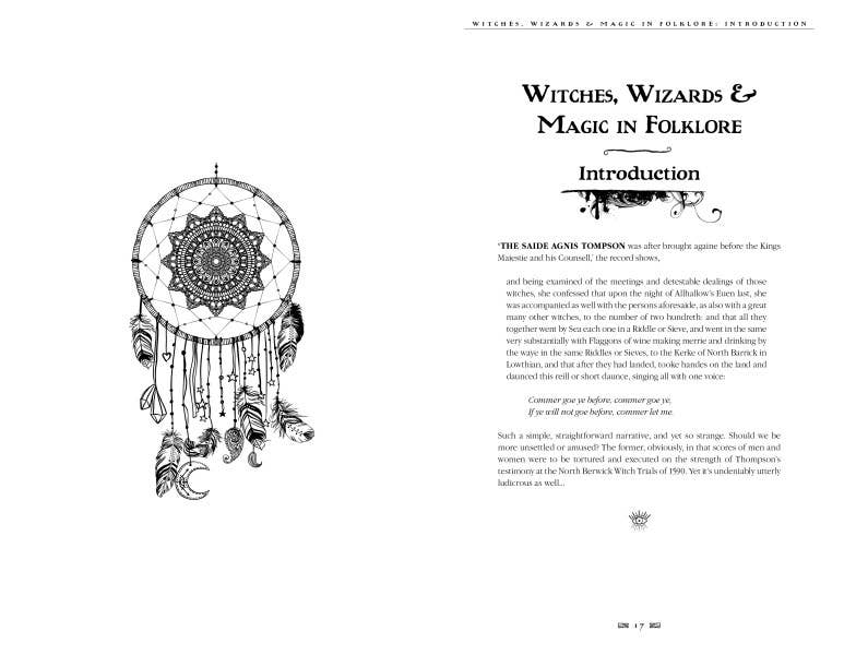 Page from a book or document titled 'Witches, Wizards & Magic in Folklore' with an illustration of a dreamcatcher on a white background.