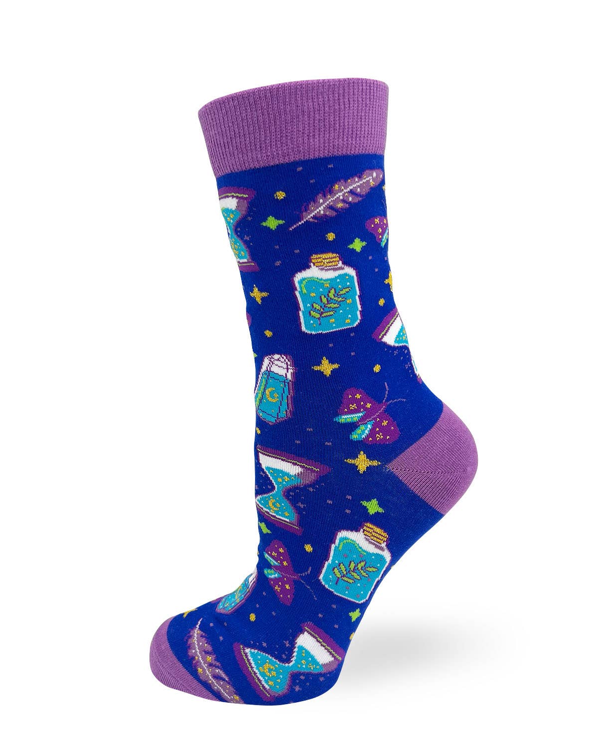 Colorful sock with butterfly and jar design on a white background