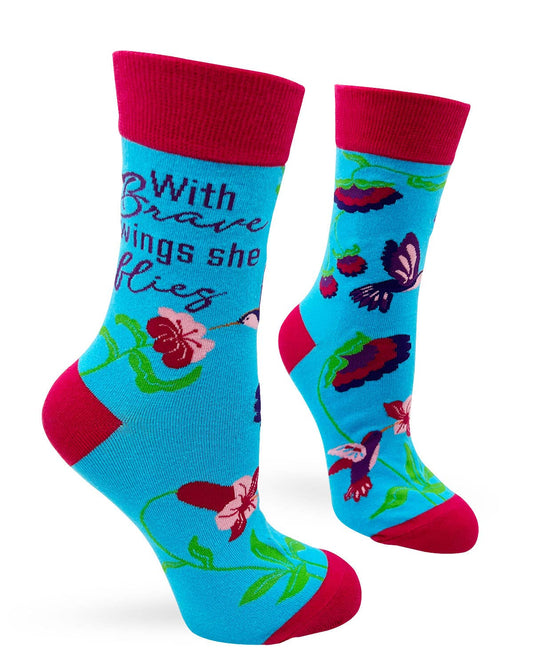 Colorful socks with floral designs and text on a white background