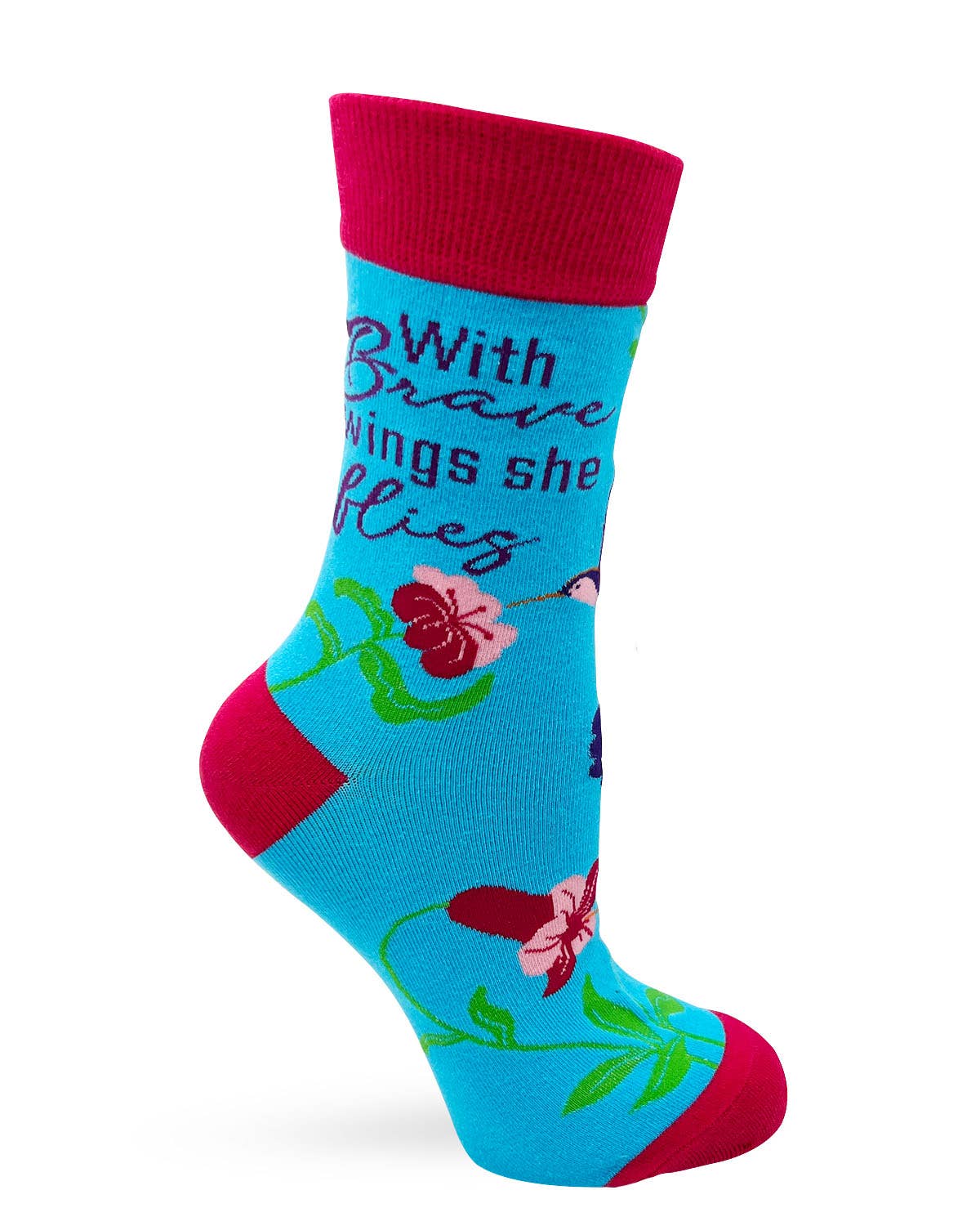 Blue sock with floral design and text on a white background