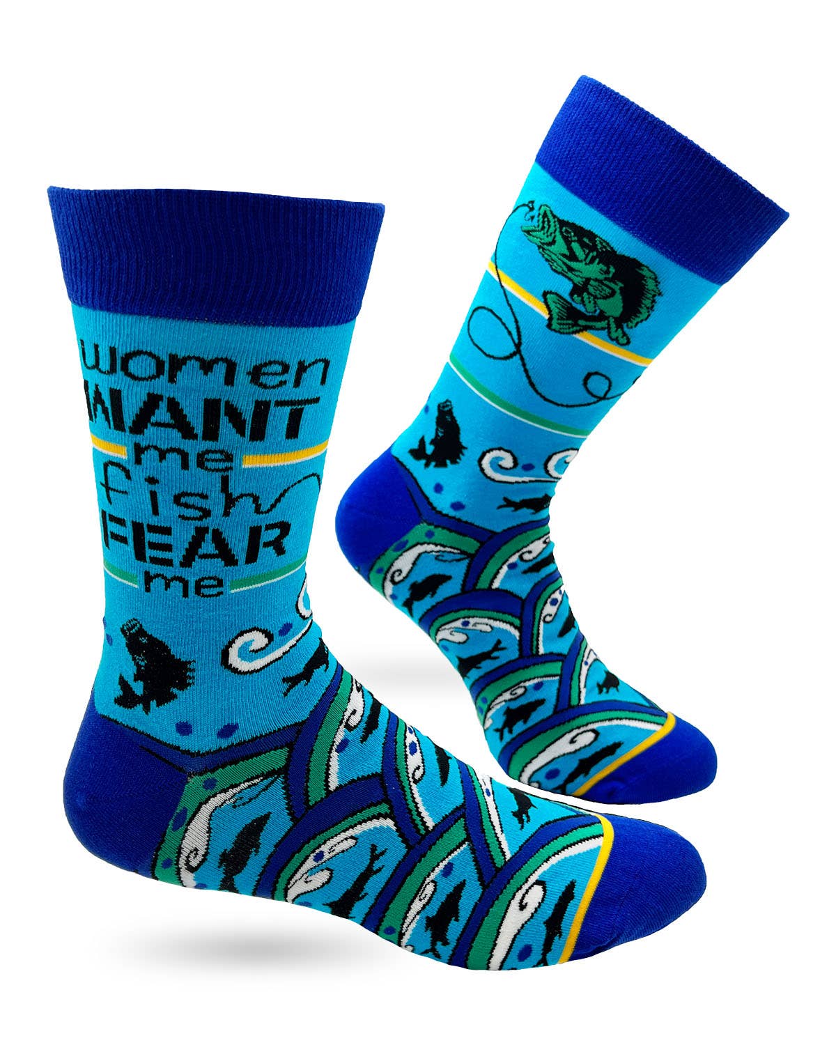 Blue socks with fish pattern and text on a white background