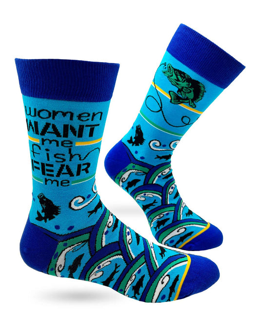 Blue socks with fish pattern and text on a white background