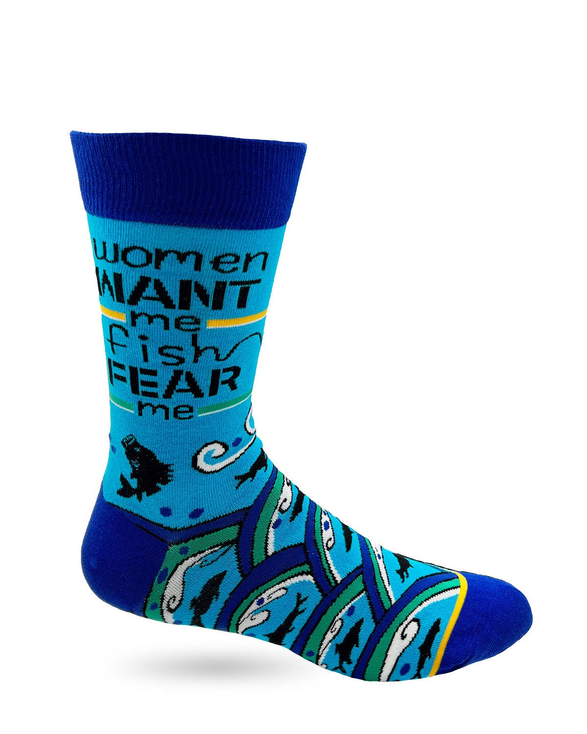 Blue sock with text and fish design on a white background