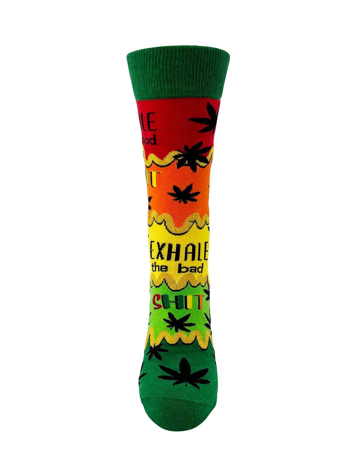 Colorful sock with text and patterns on a white background