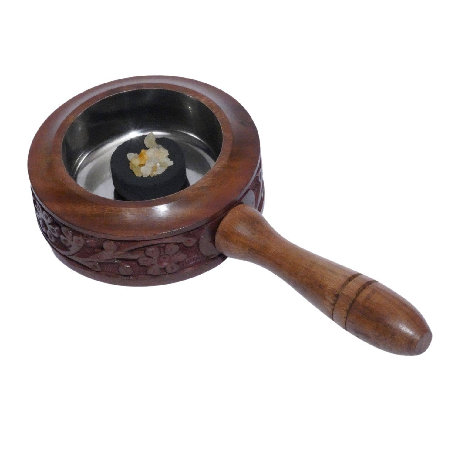 Wooden-handled metal container with decorative carvings on a white background