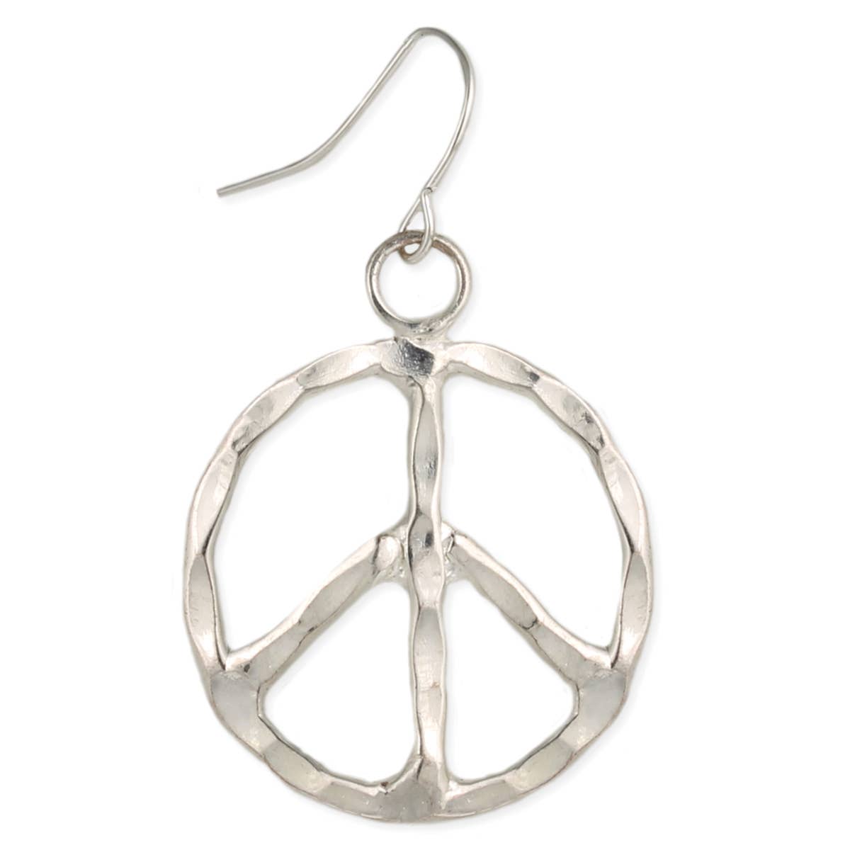 Silver peace symbol earring on a white background