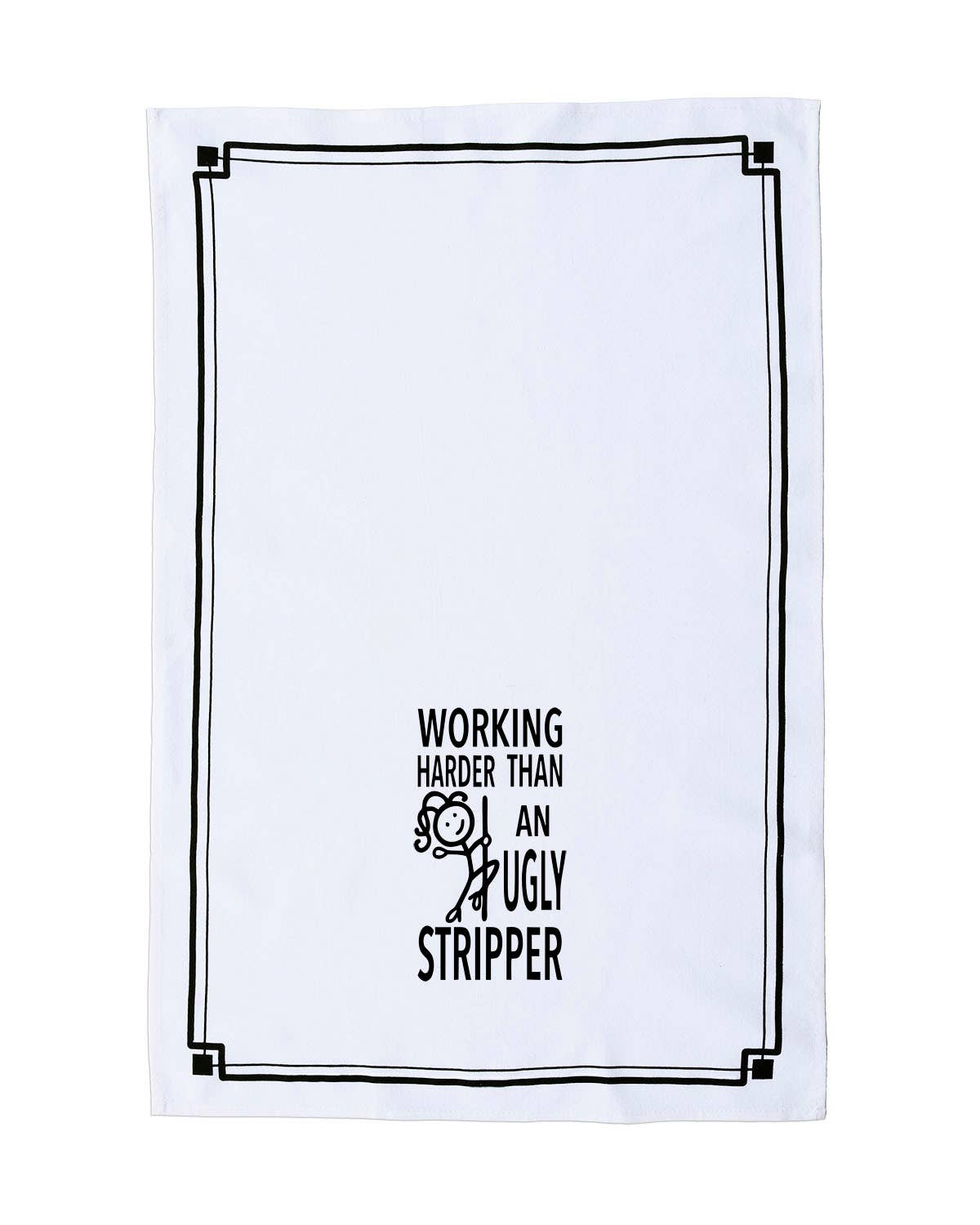 White towel with black text and graphic design on a white background