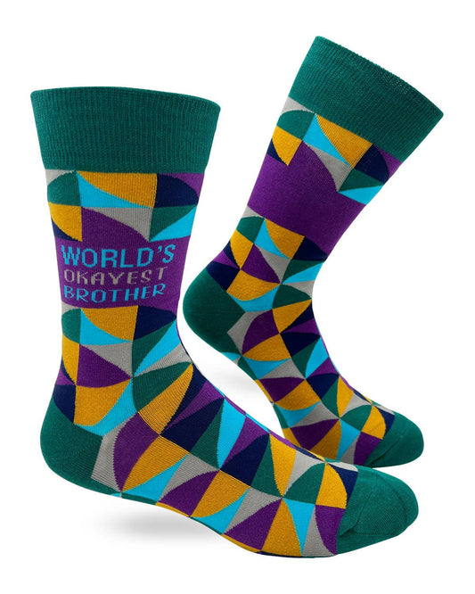 Colorful socks with geometric pattern and 'World's Okayest Brother' text on a white background