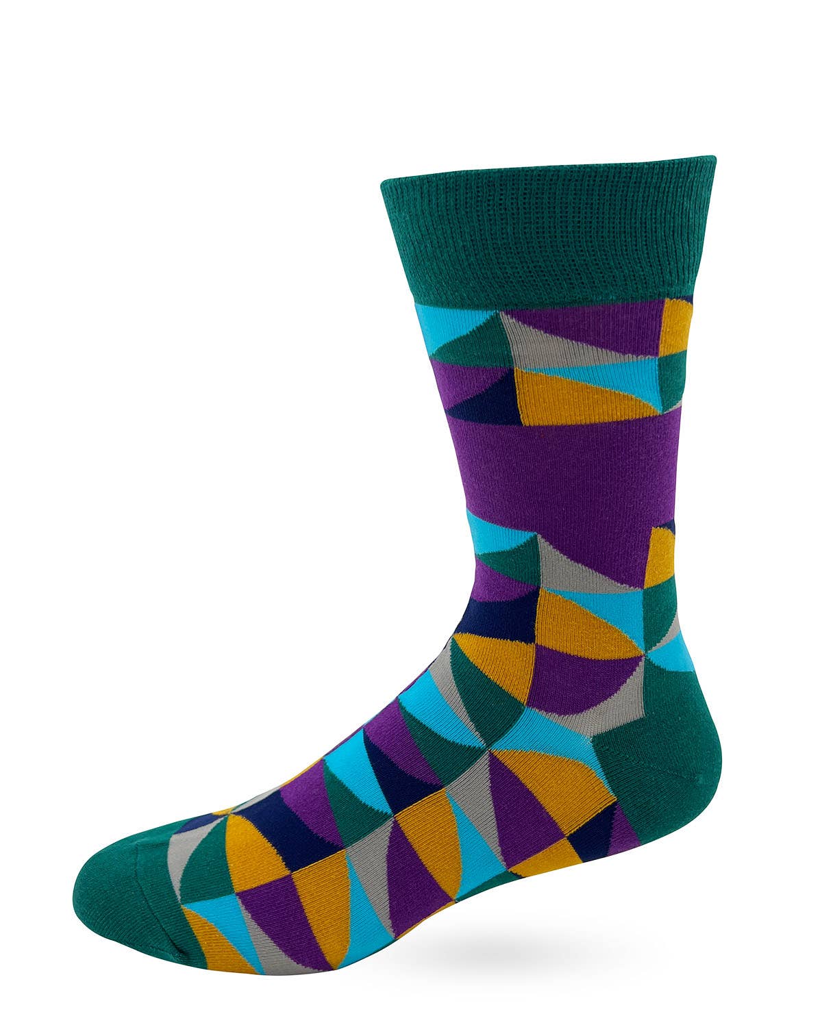 Colorful geometric-patterned sock on a white background