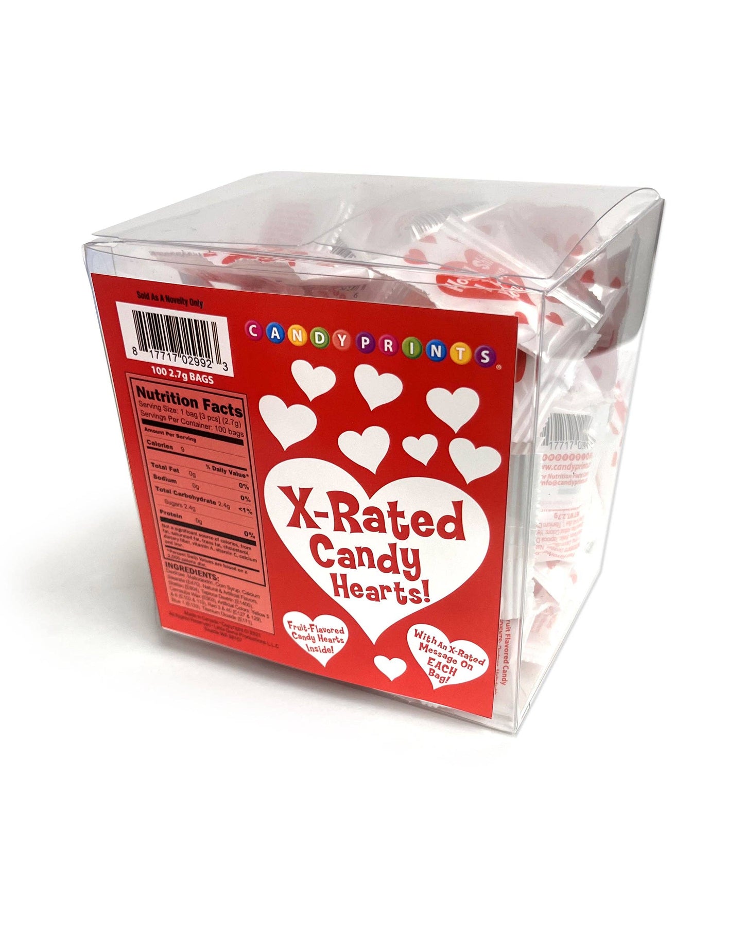 Clear plastic container with red label featuring heart designs and text on a white background