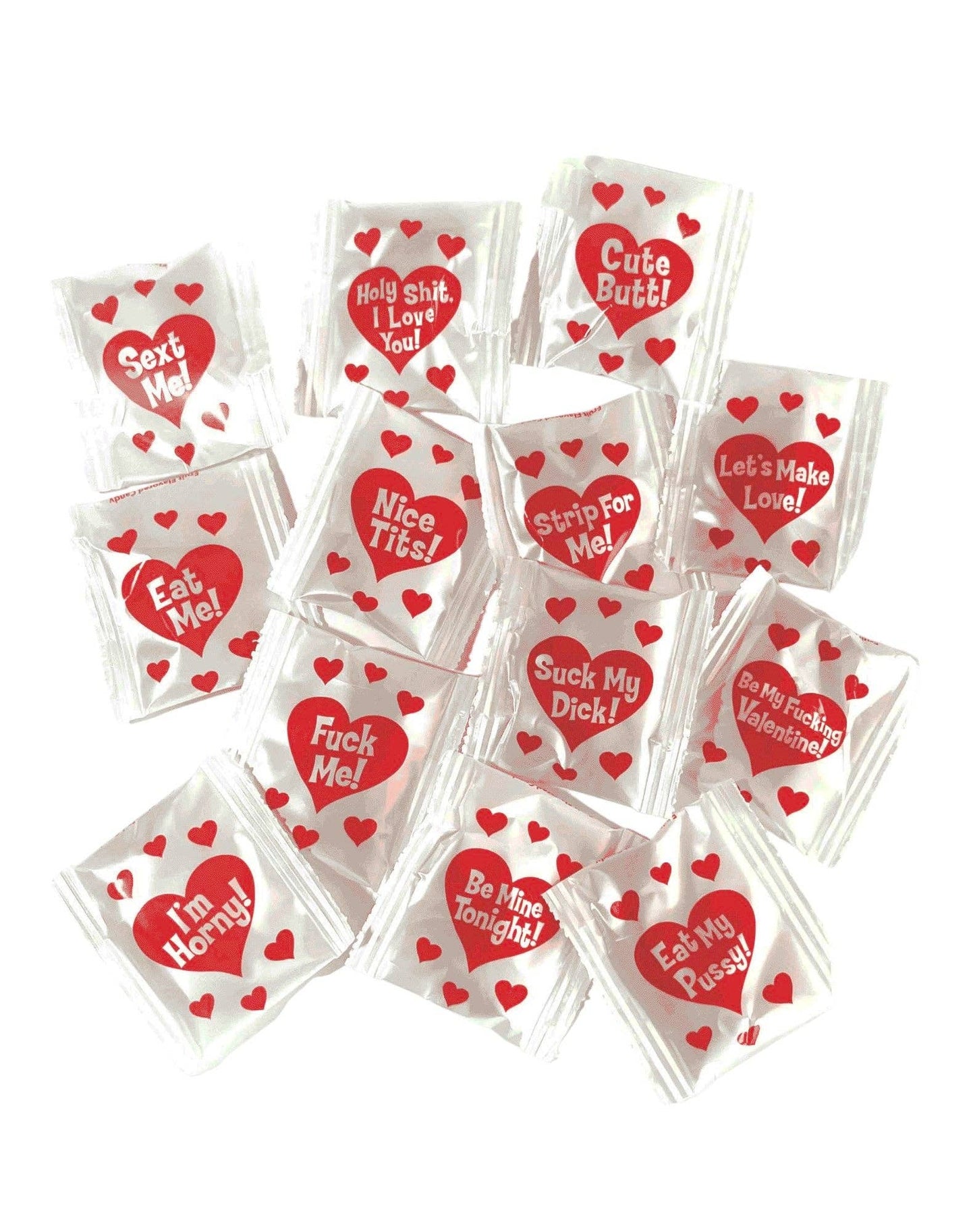 Small transparent packages with red text and hearts on a white background
