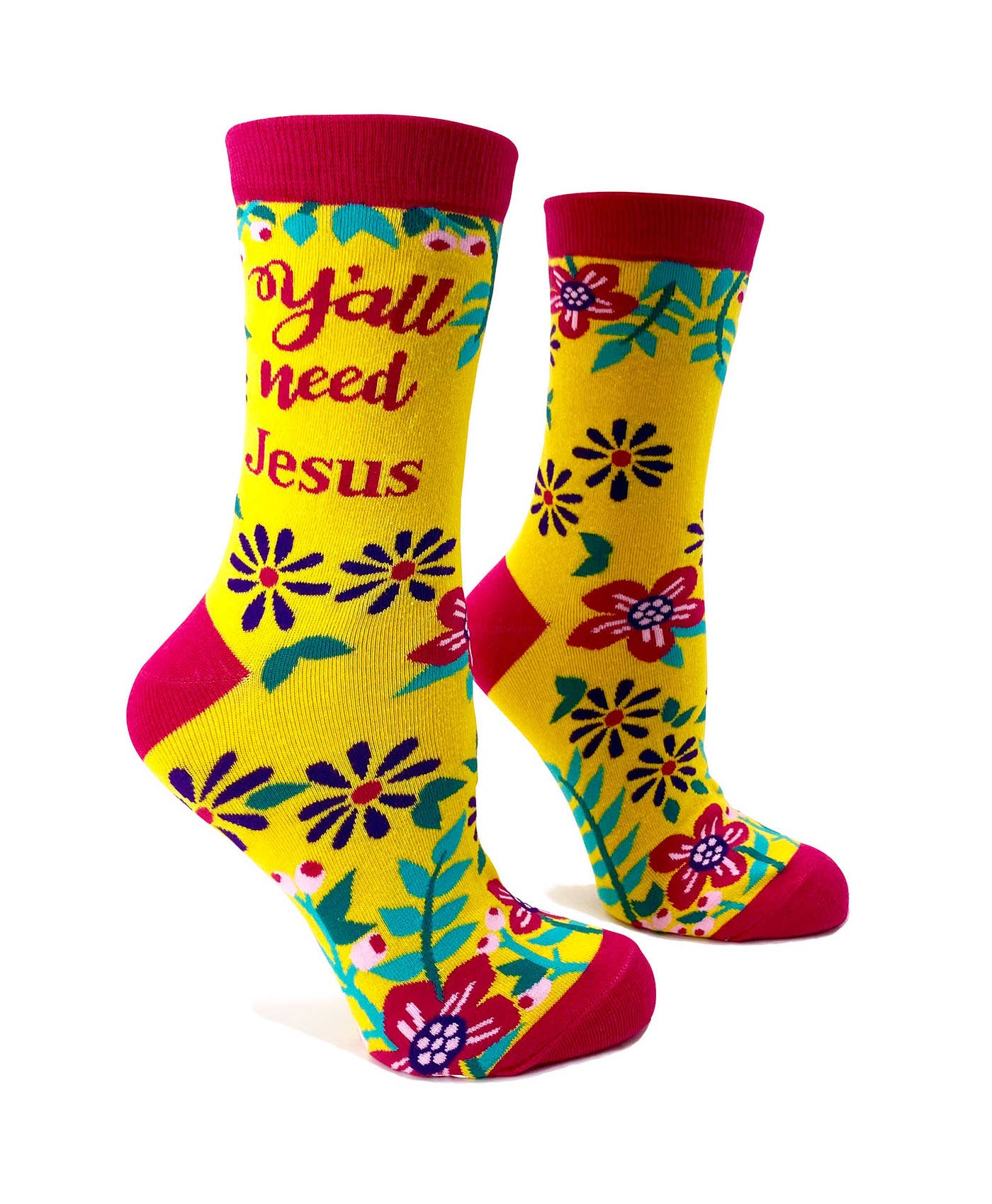 Colorful socks with floral patterns and text on a white background
