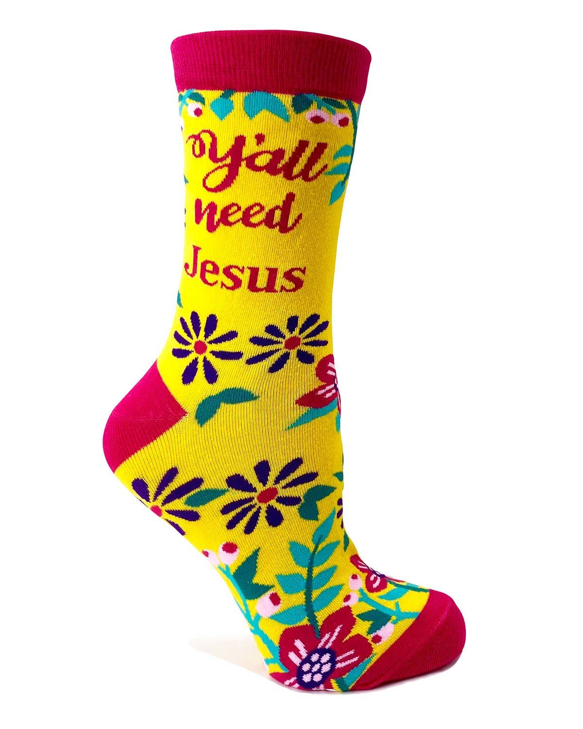 Colorful sock with floral patterns and text on a white background