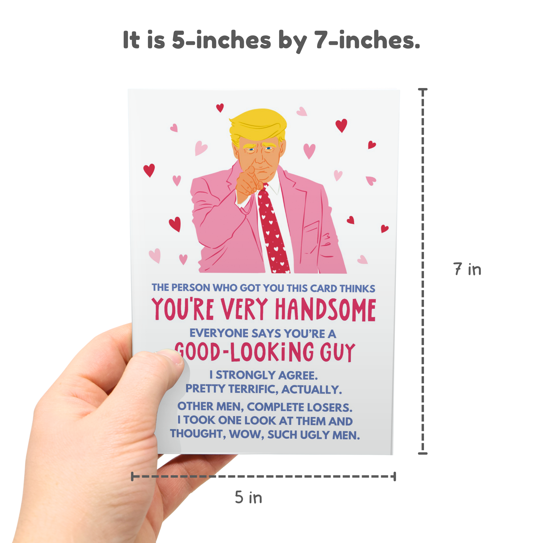 Card with a graphic of a person in a pink suit and text, held by a hand, with dimensions indicated.