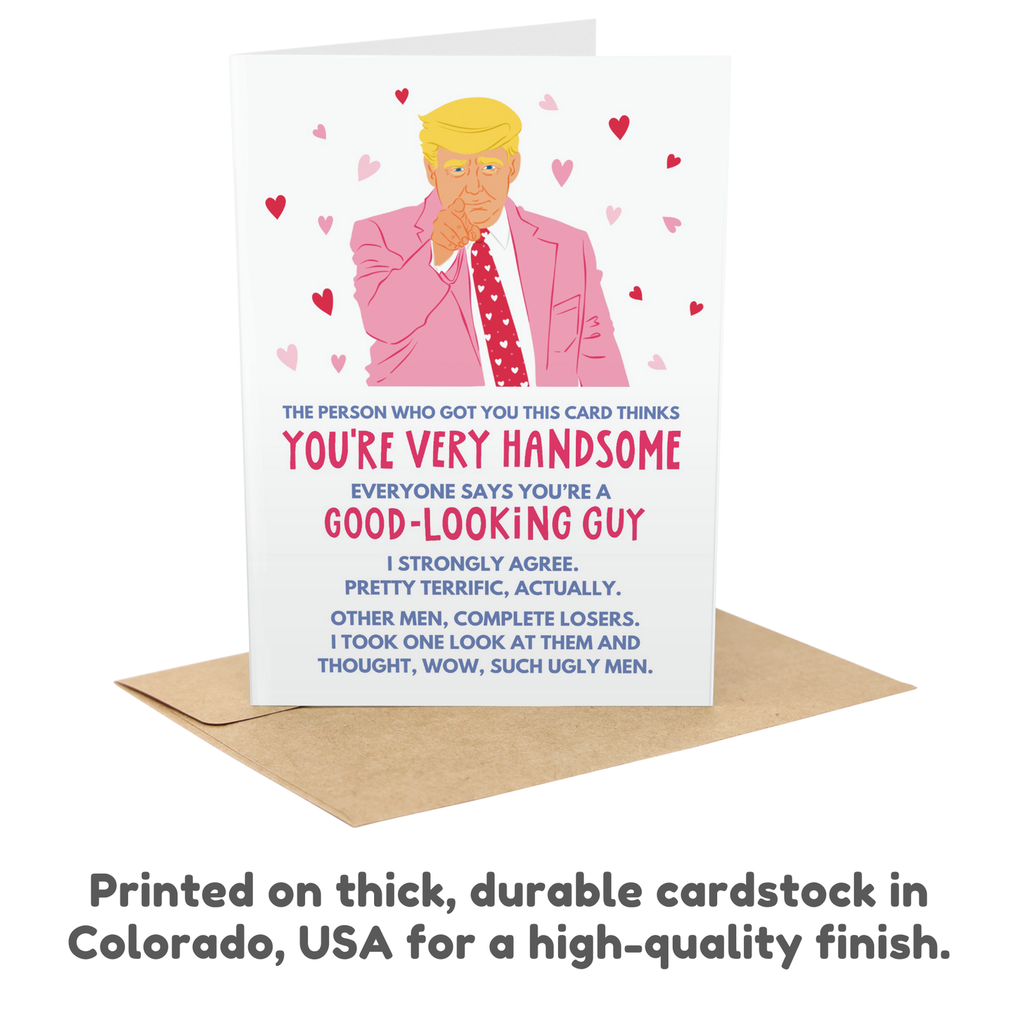 Card with a cartoon character in a pink suit and red tie, surrounded by hearts, on a white background.