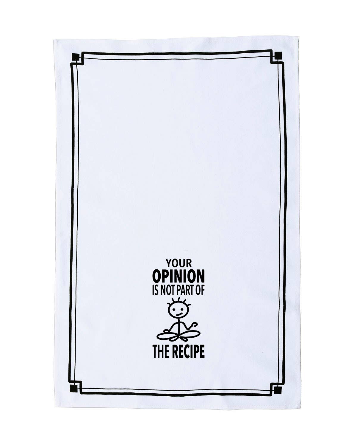 White towel with black text and graphic design on a white background