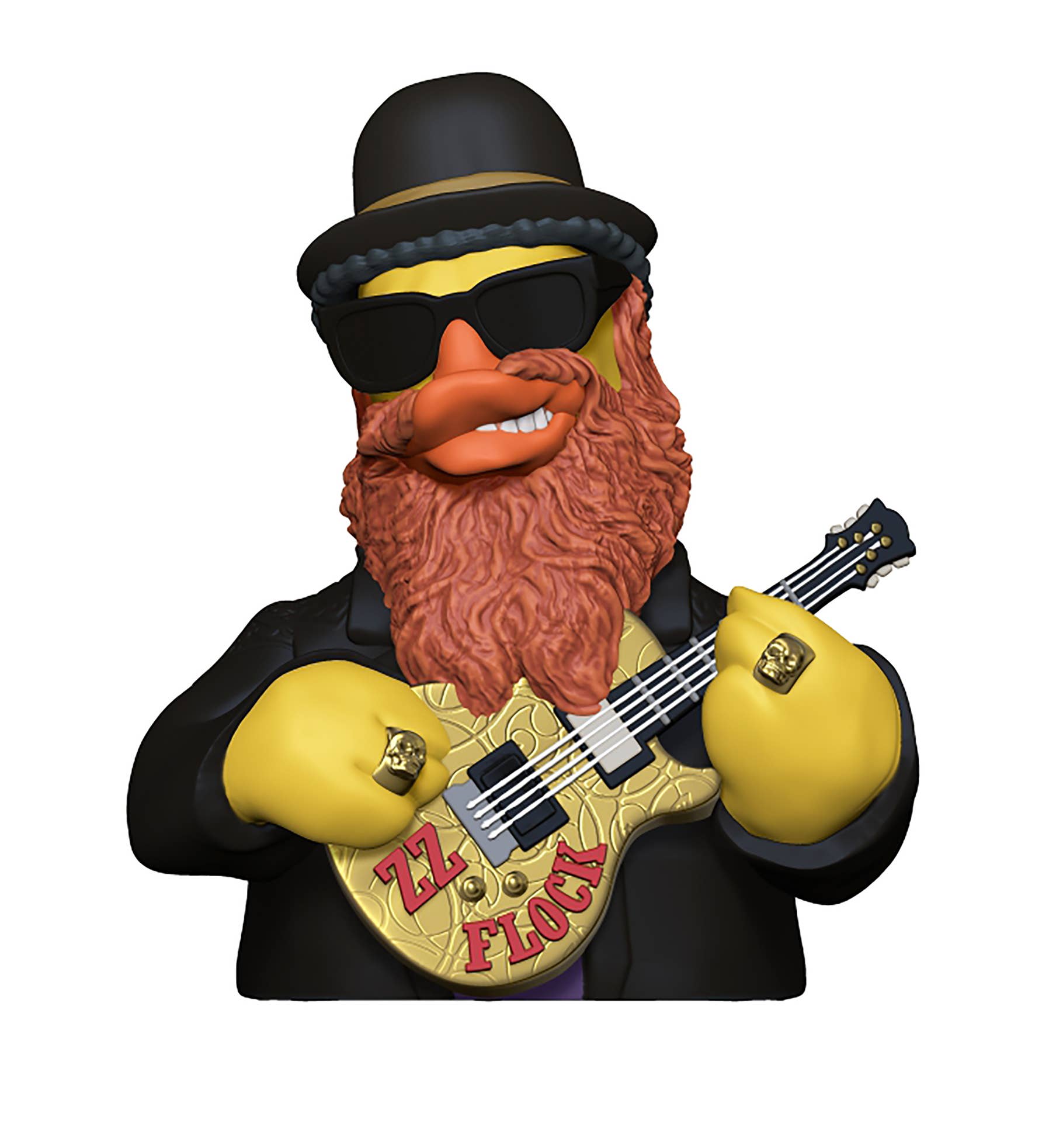 Bearded duck character in a suit playing a guitar with 'ZZ Flock' on the body, wearing a black hat and sunglasses.