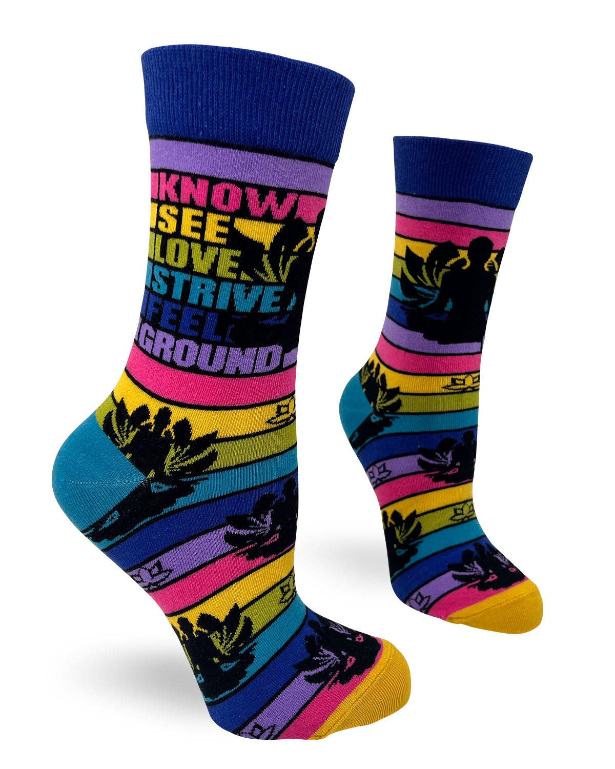 Colorful socks with motivational text and abstract designs on a white background