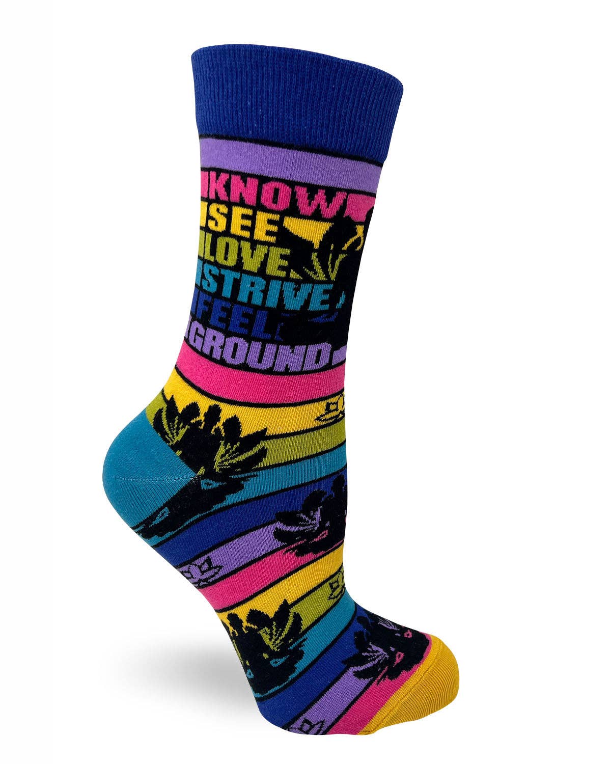 Colorful sock with text and abstract designs on a white background