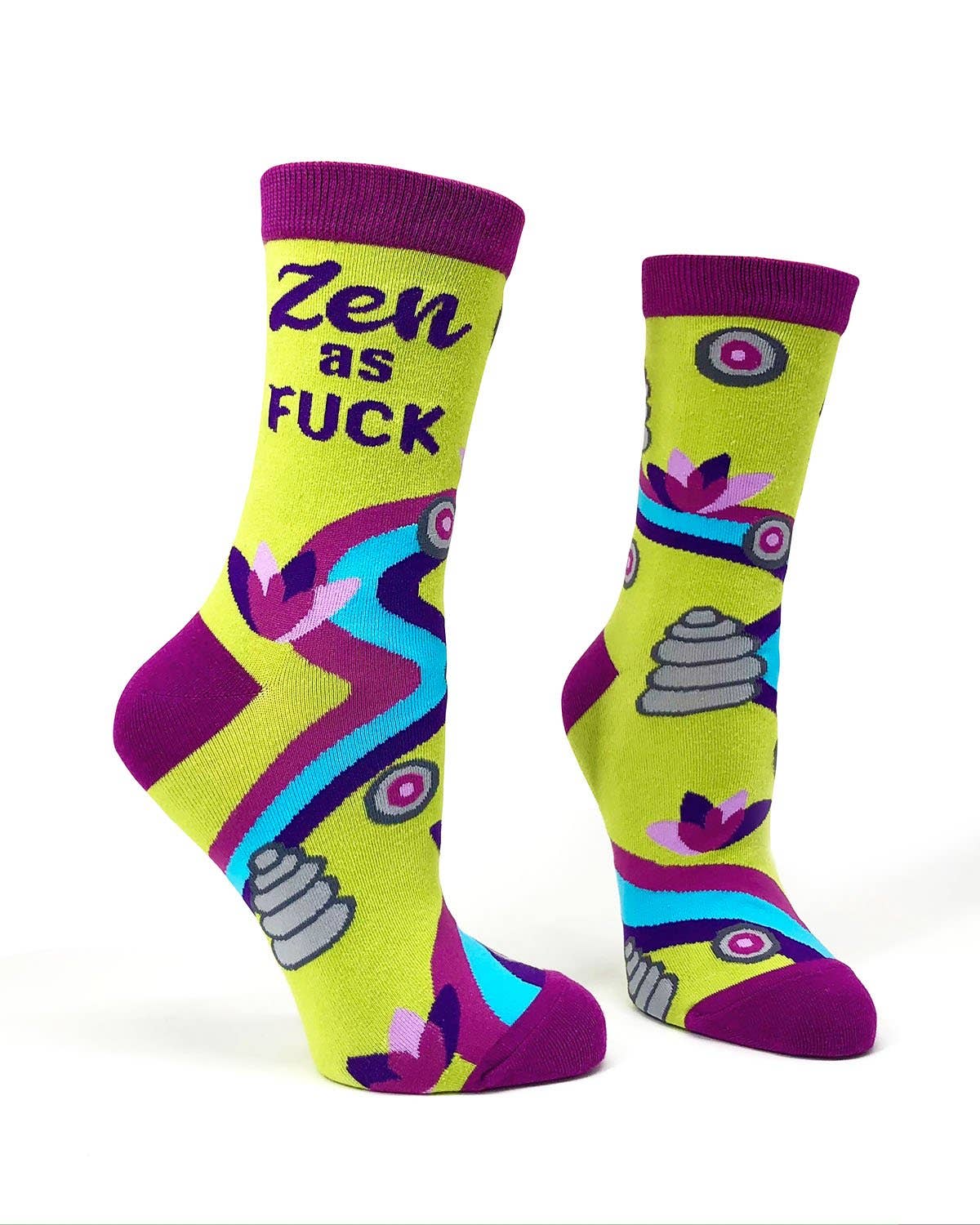 Colorful socks with abstract designs and text on a white background
