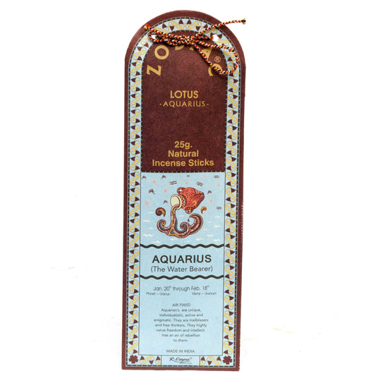 Incense stick packaging for Aquarius with astrological details on a white background