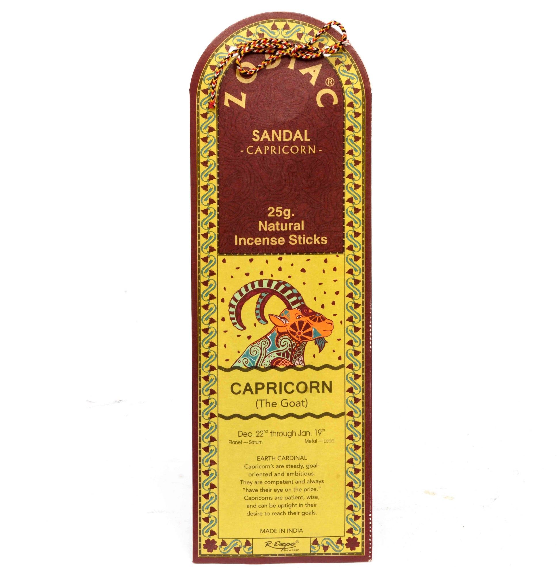 Incense stick packaging for Capricorn with astrological design and text.