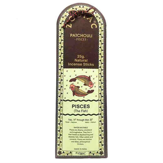 Incense stick packaging for Pisces with zodiac symbol and descriptive text.