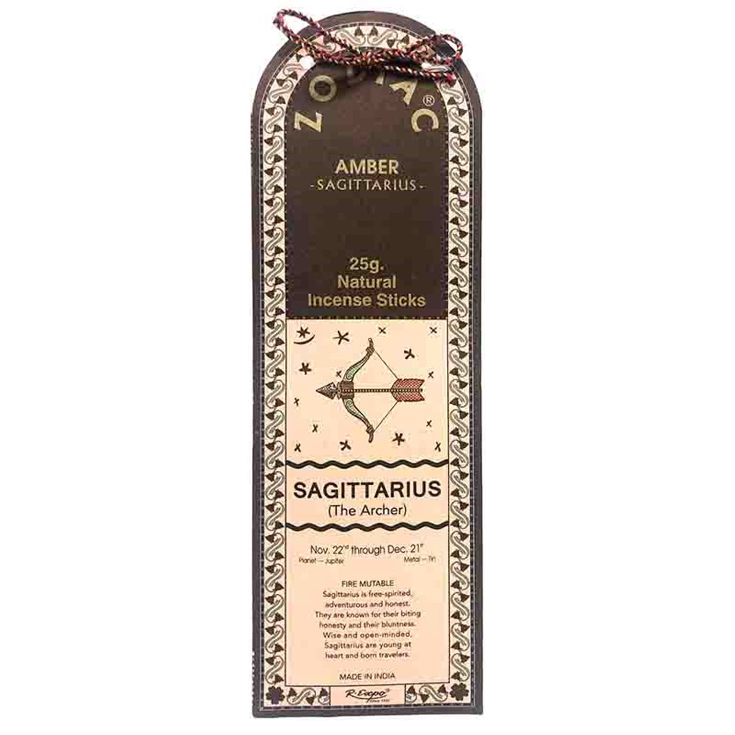Incense stick packaging for Sagittarius with astrological design on a white background