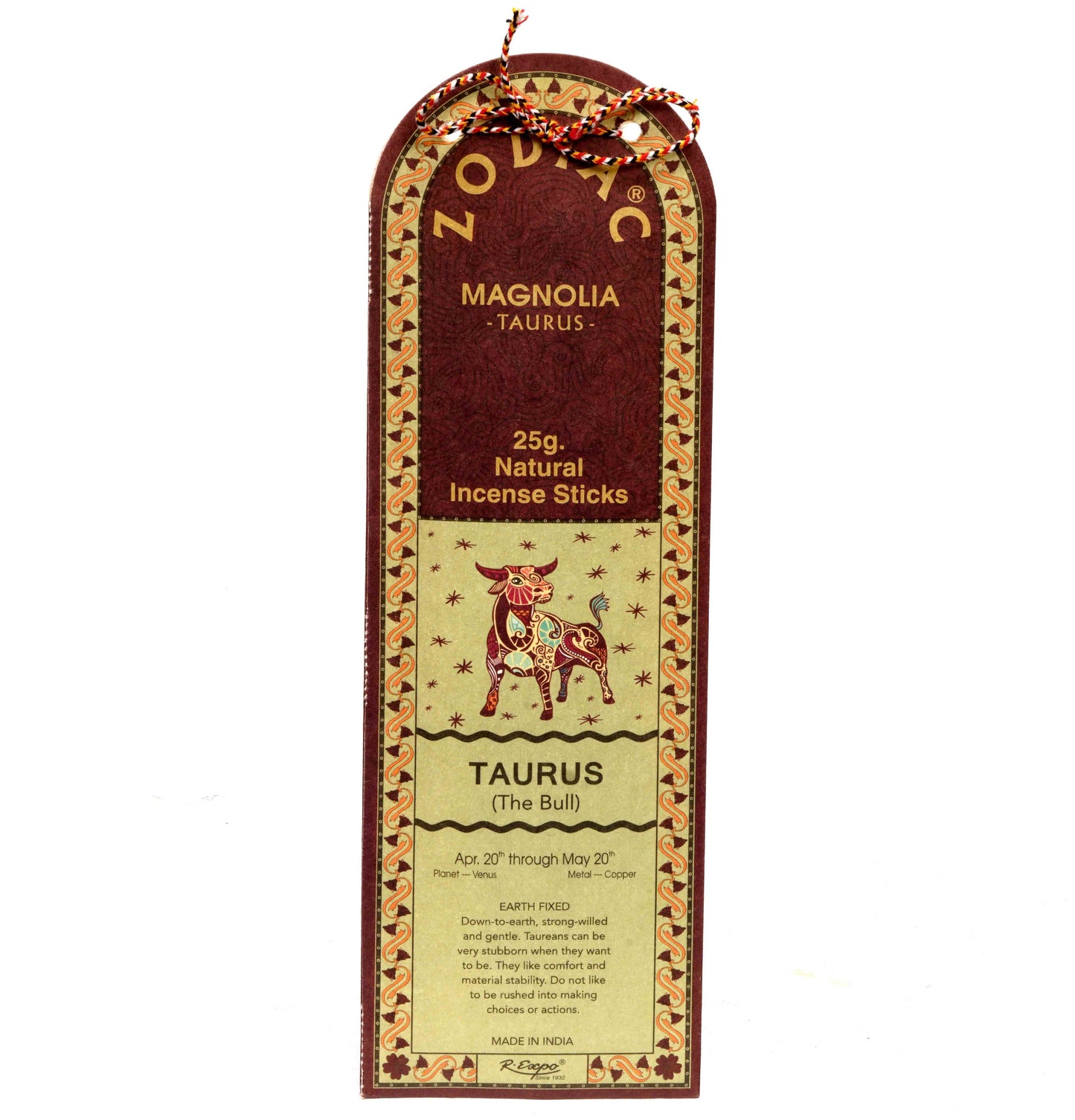 Zodiac Taurus incense stick packaging with decorative elements on a white background