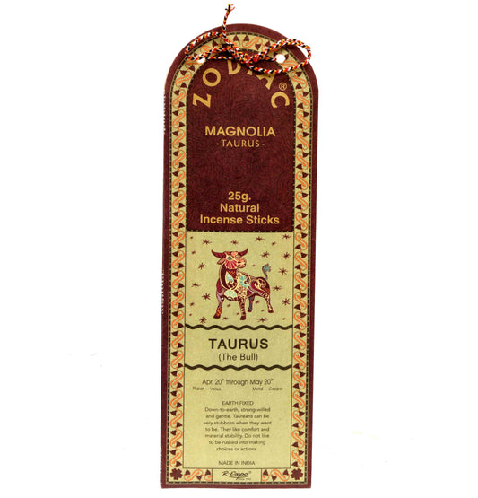 Zodiac Taurus incense stick packaging with decorative elements on a white background