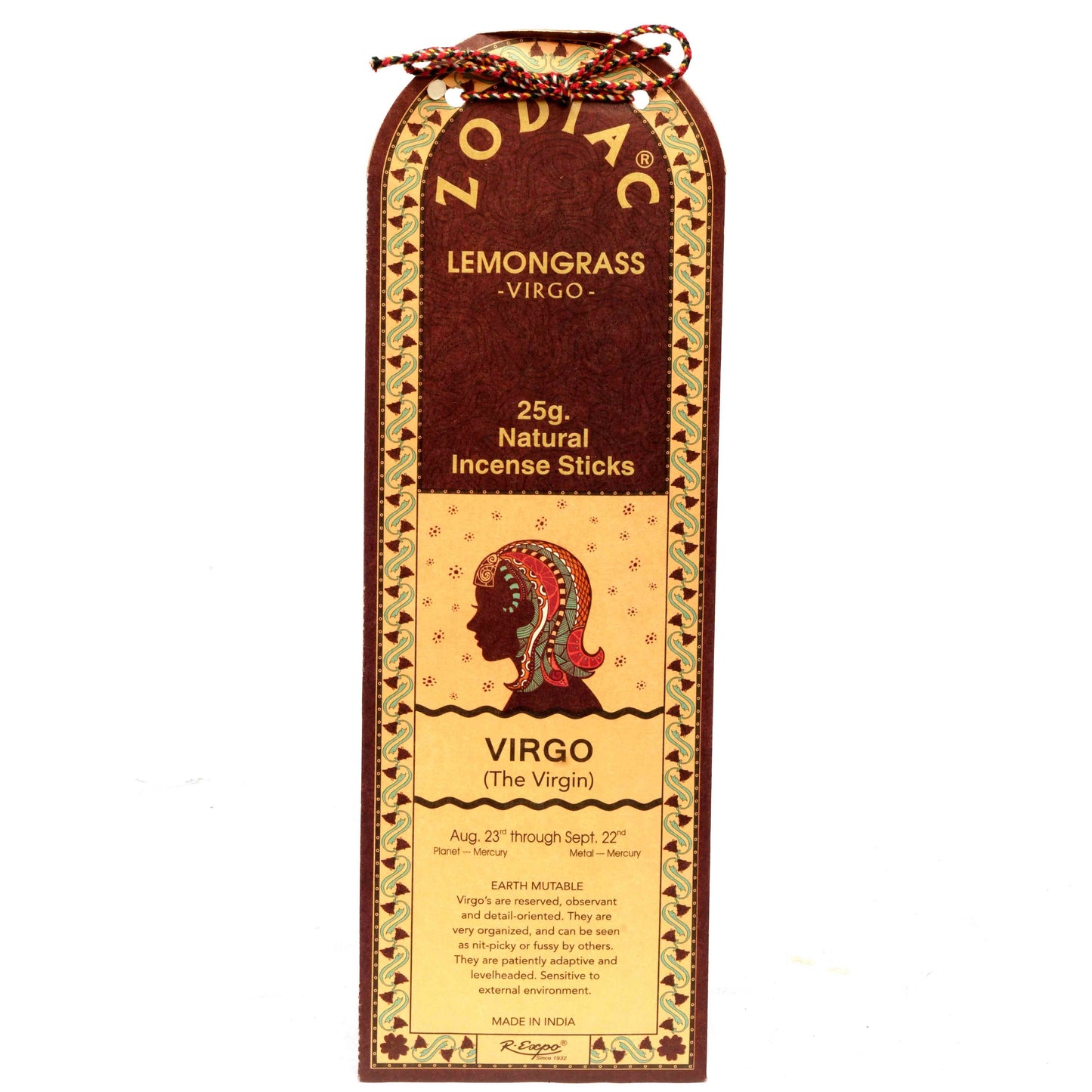Zodiac Virgo Lemongrass incense sticks packaging on a white background