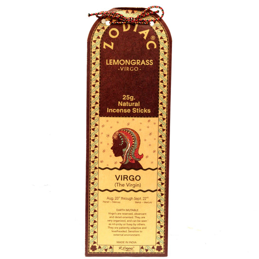 Zodiac Virgo Lemongrass incense sticks packaging on a white background