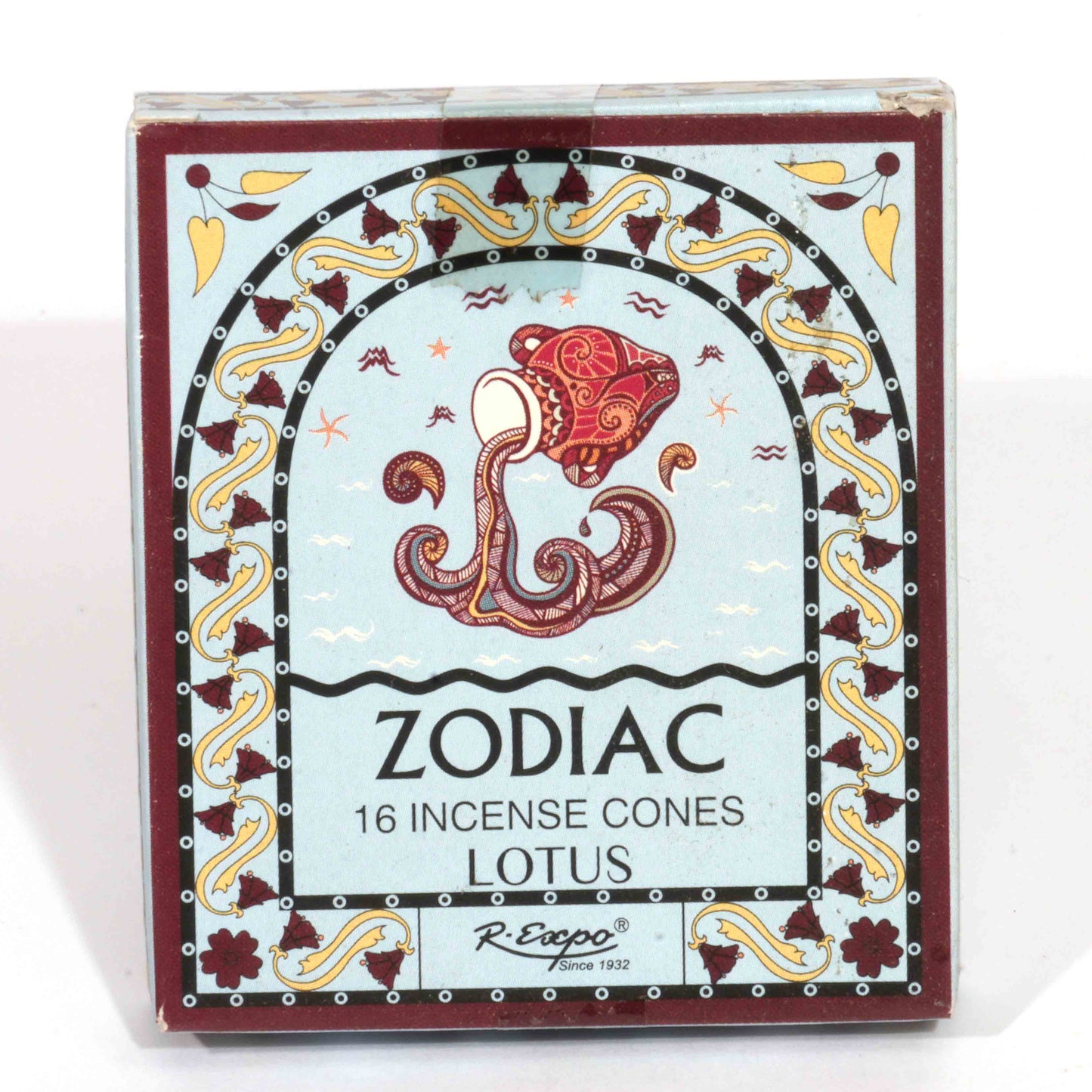 Box of Zodiac Lotus incense cones with decorative design on a white background