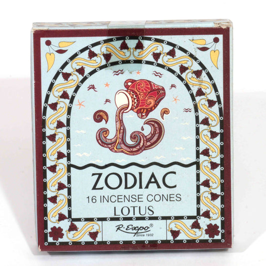 Box of Zodiac Lotus incense cones with decorative design on a white background