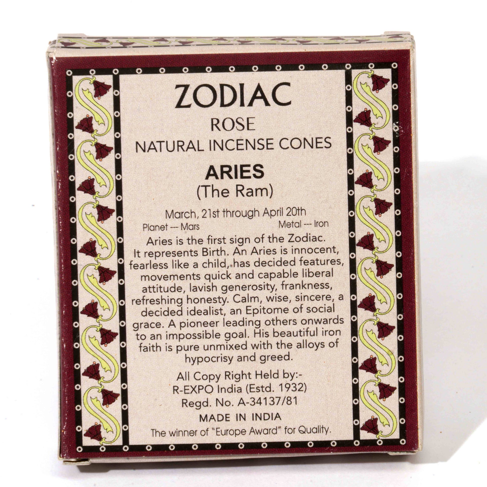 Box of Zodiac Rose Natural Incense Cones with Aries description
