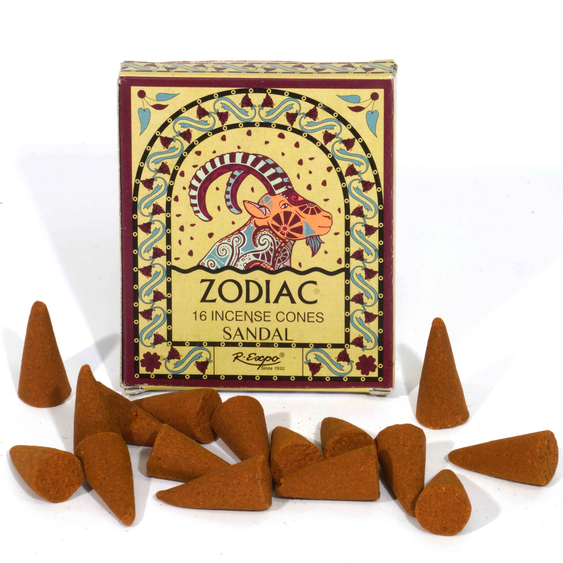 Box of Zodiac incense cones with incense cones displayed in front on a white background