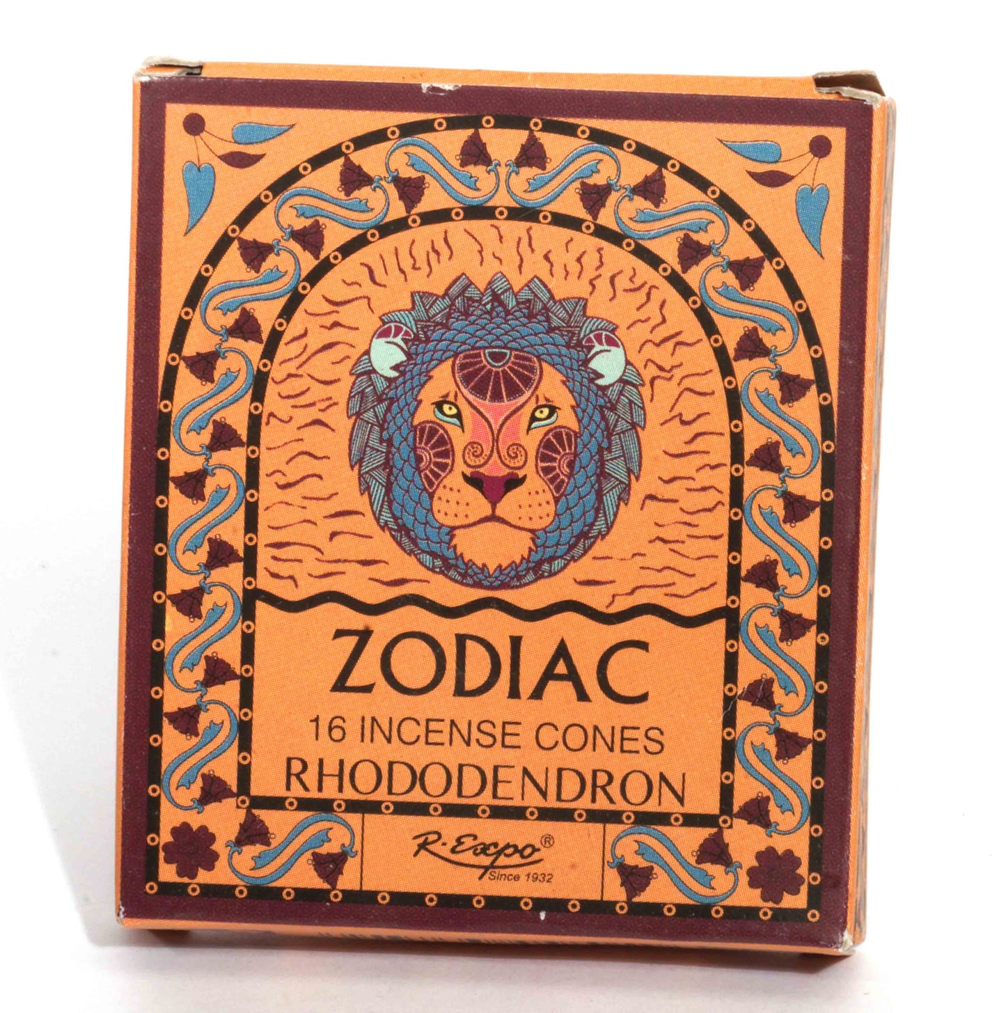 Box of Zodiac Rhododendron incense cones with decorative lion design on a white background