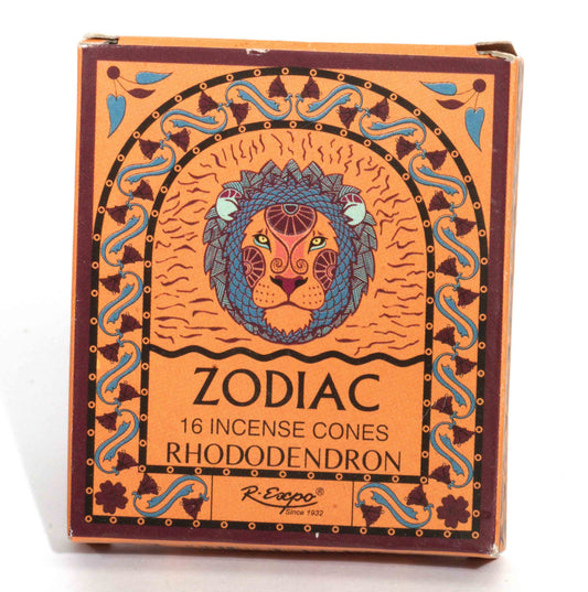 Box of Zodiac Rhododendron incense cones with decorative lion design on a white background