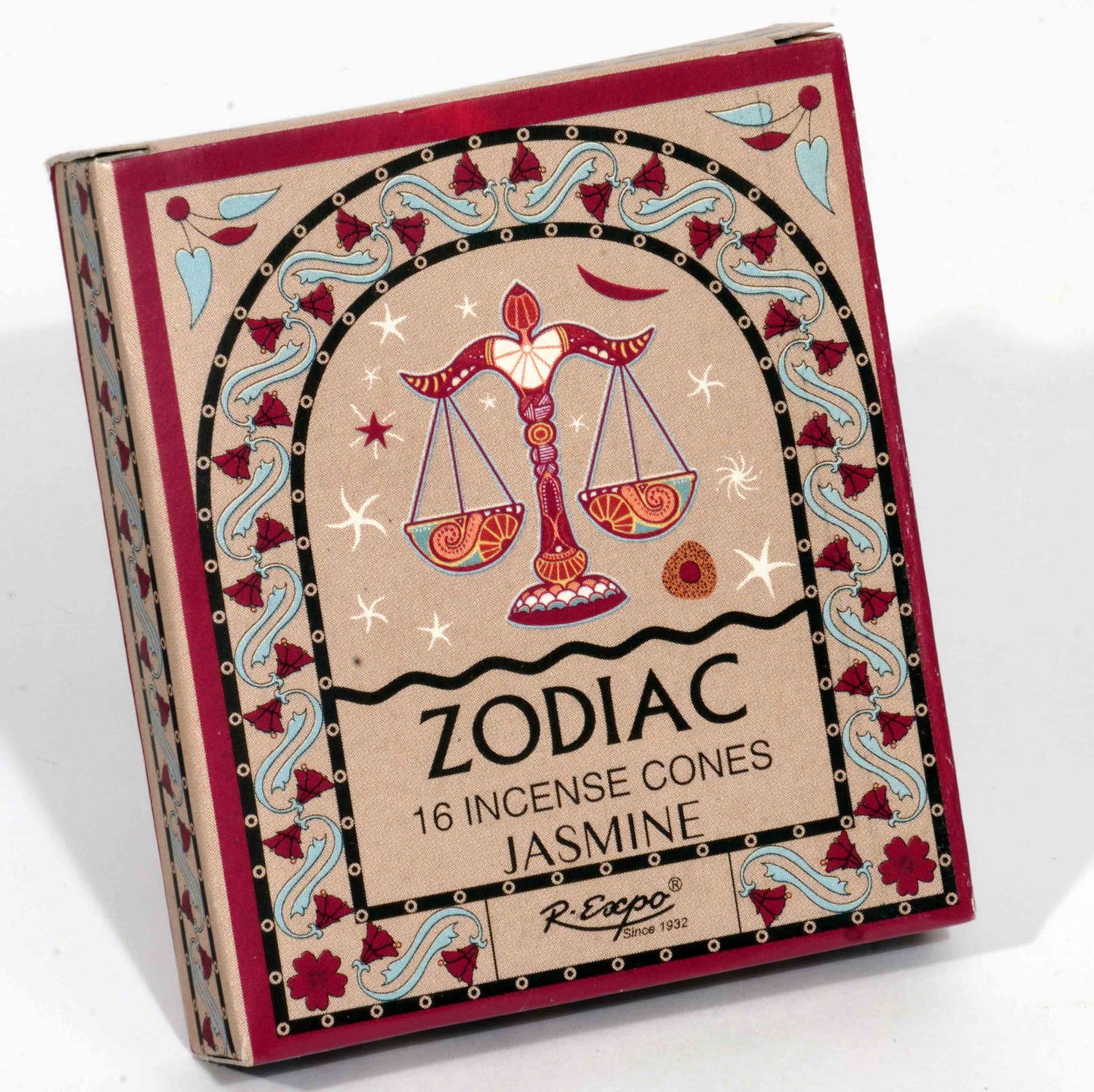 Box of Zodiac Jasmine incense cones with Libra design on a white background