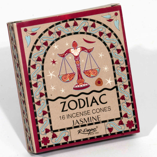 Box of Zodiac Jasmine incense cones with Libra design on a white background
