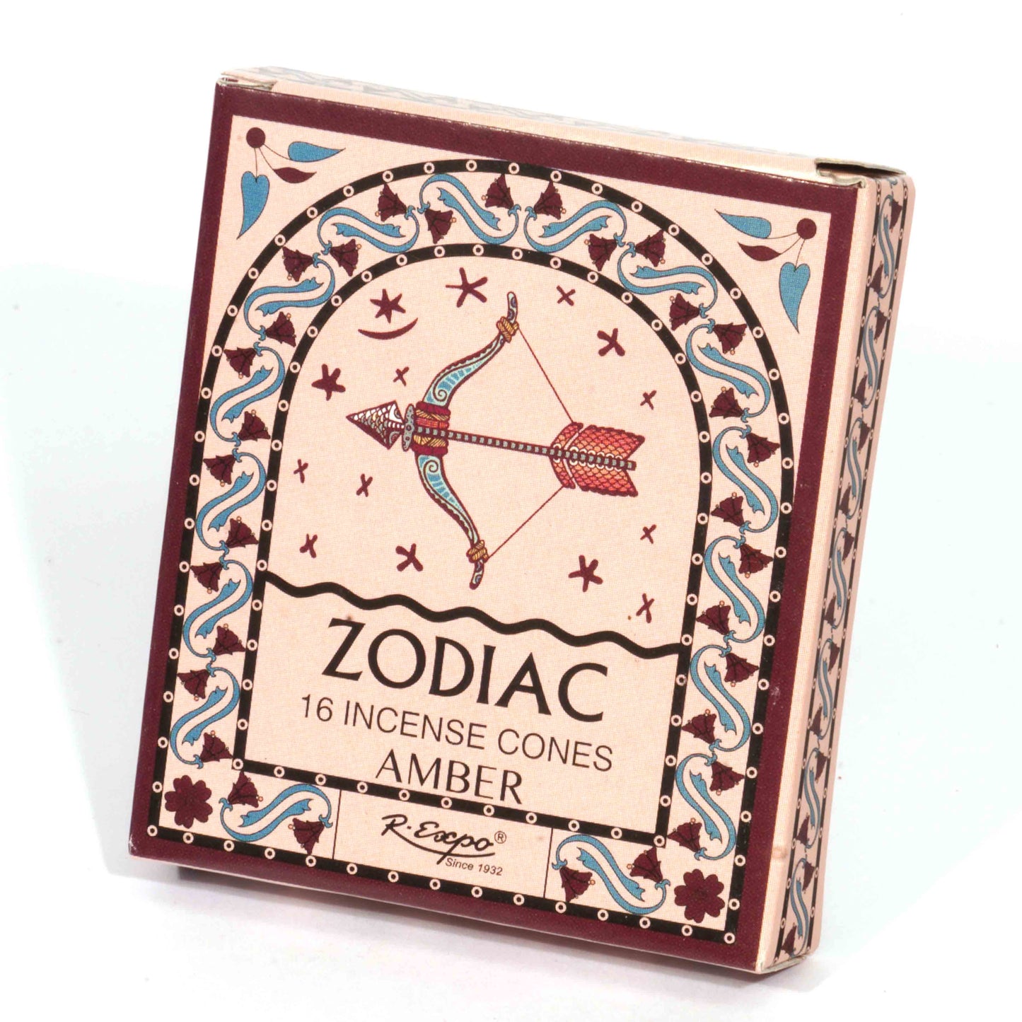 Box of Zodiac incense cones with decorative design on a white background
