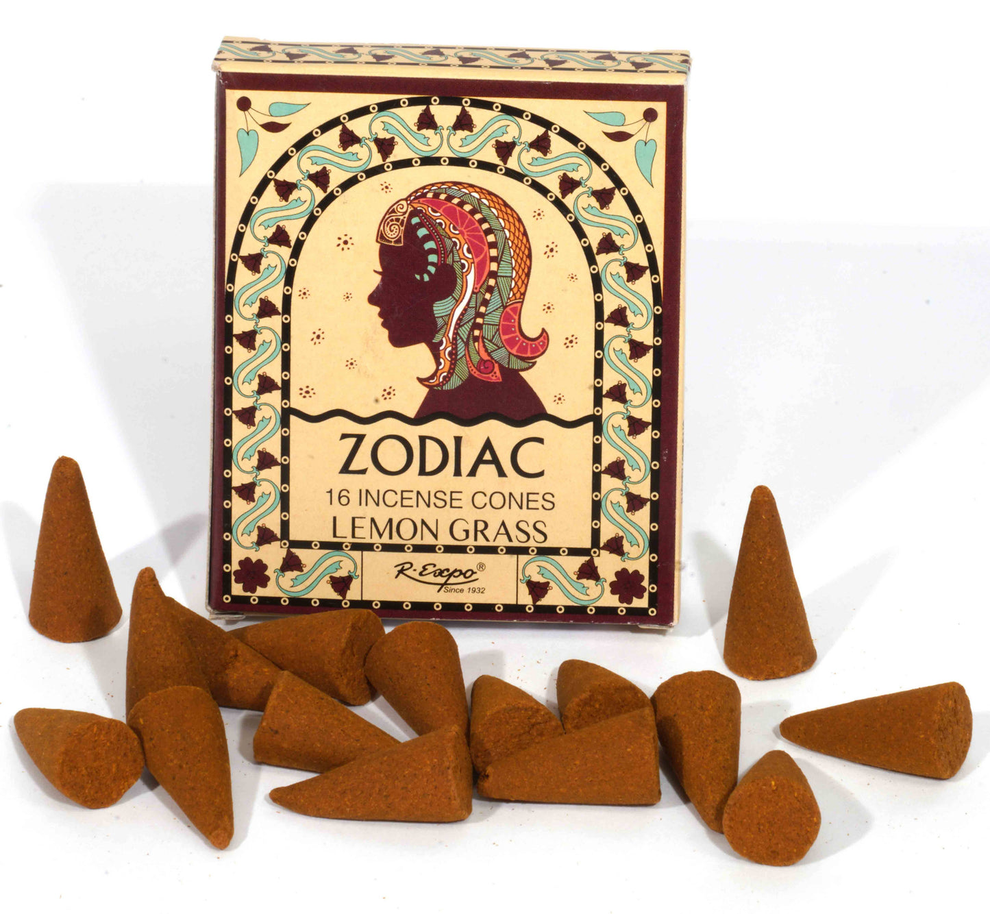 Zodiac lemon grass incense cones with decorative packaging on a white background