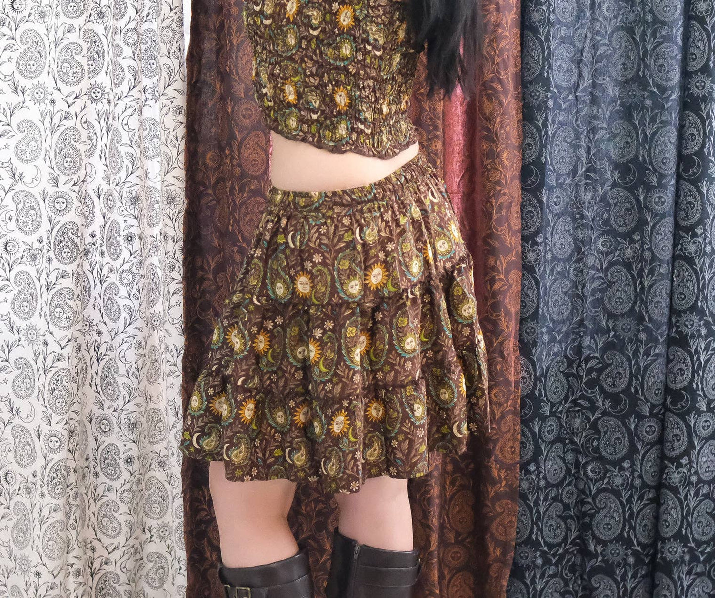 Boho Celestial Paisley Mini Skirt with Pockets