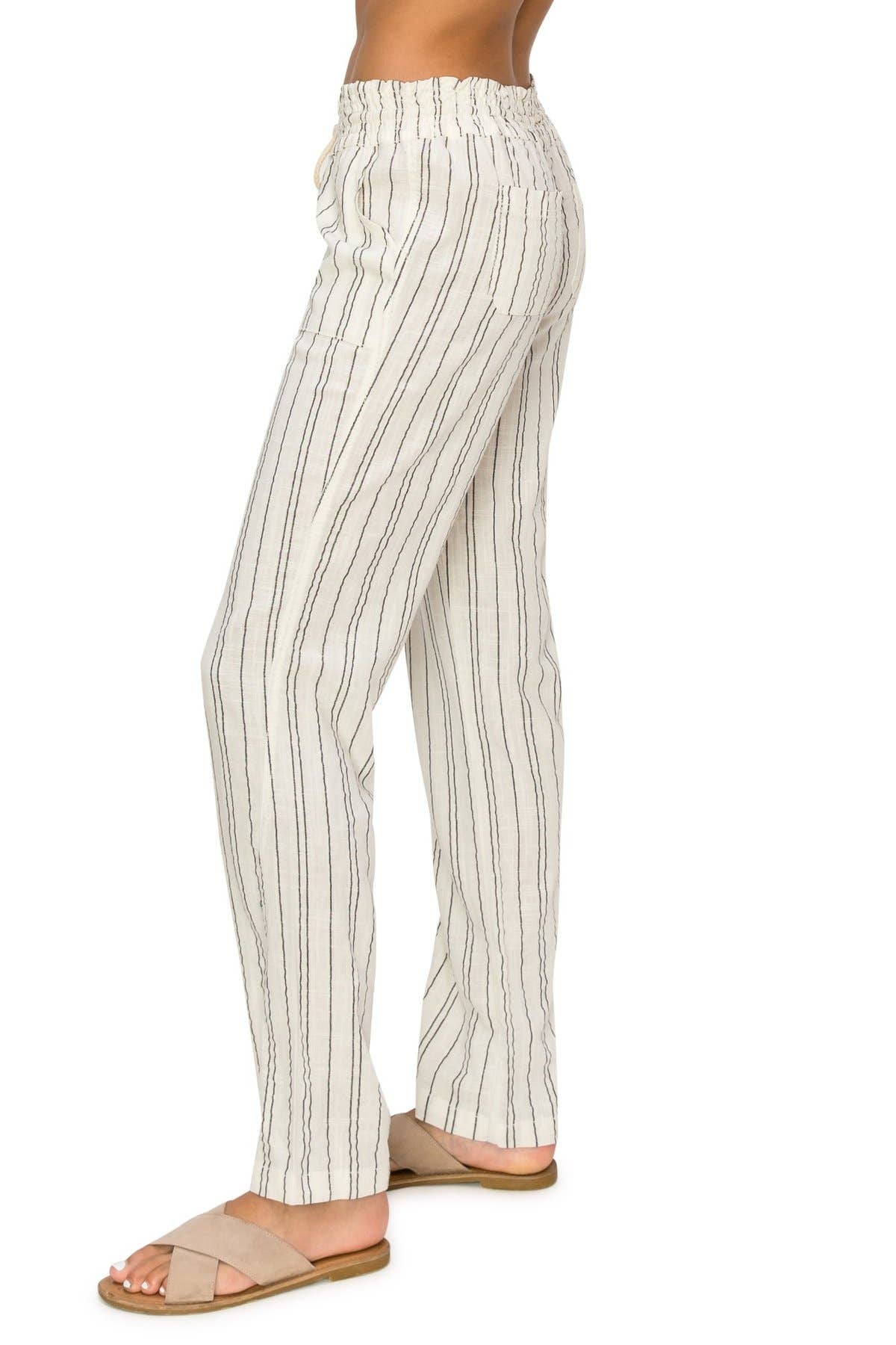 CALI1850 PINSTRIPE LINEN WIDE LEG SMOCKED PANTS 07024JLN416